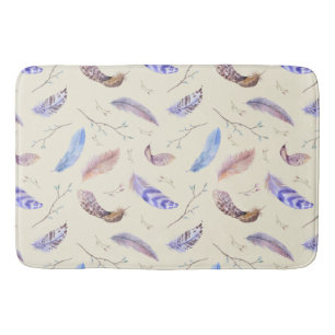 Watercolor Feathers Leaves and Branches Pattern Bathroom Mat