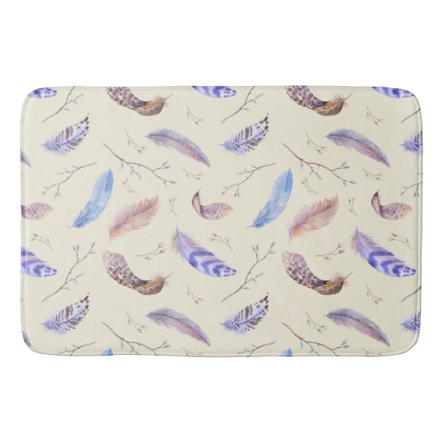 Watercolor Feathers Leaves and Branches Pattern Bathroom Mat (Front)