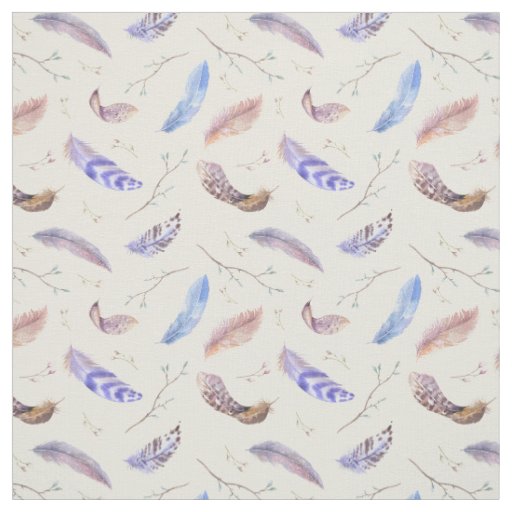 Watercolor Feathers Leaves and Branches Pattern Fabric