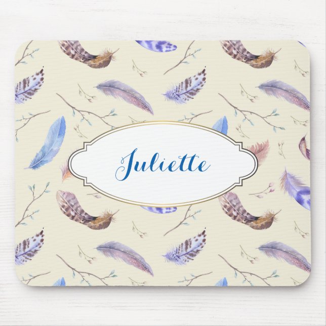 Watercolor Feathers Leaves and Branches Pattern Mouse Pad (Front)