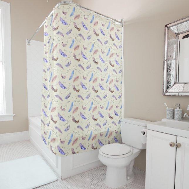 Watercolor Feathers Leaves and Branches Pattern Shower Curtain (In Situ)