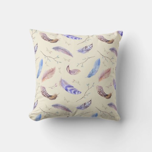 Watercolor Feathers Leaves and Branches Pattern Throw Pillow