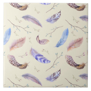 Watercolor Feathers Leaves and Branches Pattern Tile