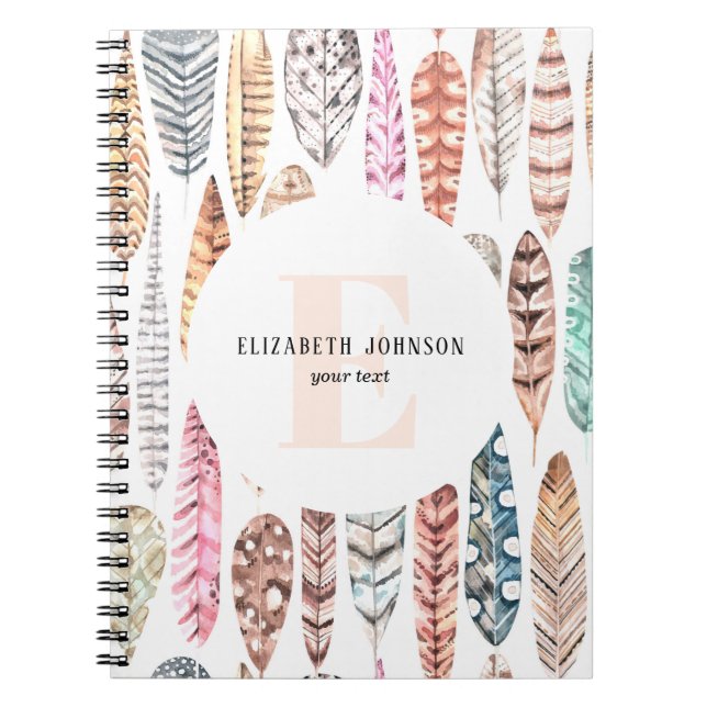 Watercolor feathers. Name. Feminine boho pattern Notebook (Front)