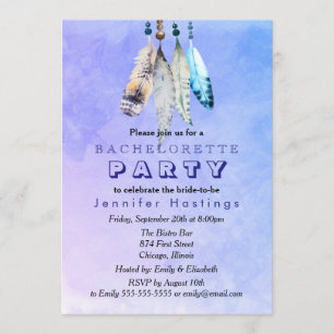 Watercolor Feathers on Bluish Purple Bachelorette Invitation