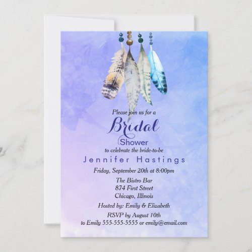 Watercolor Feathers on Bluish Purple Bridal Shower Invitation