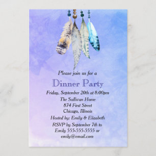 Watercolor Feathers on Bluish Purple Dinner Party Invitation