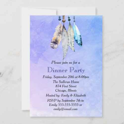 Watercolor Feathers on Bluish Purple Dinner Party Invitation