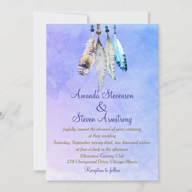 Watercolor Feathers on Bluish Purple Wedding Invitation (Front)