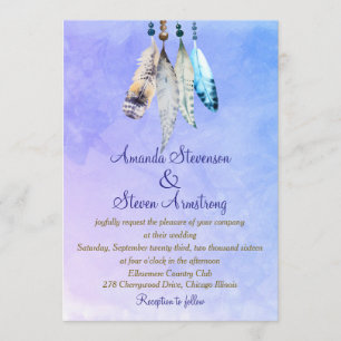 Watercolor Feathers on Bluish Purple Wedding Invitation