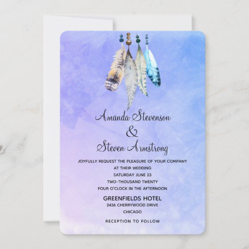 Watercolor Feathers on Bluish Purple Wedding Invitation