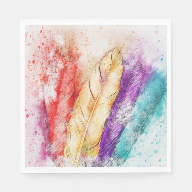 Watercolor Feathers Paper Napkins (Front)