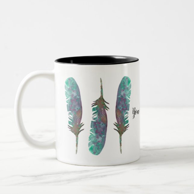 Watercolor Feathers Personalized Coffee Mug (Left)