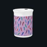 Watercolor Feathers Pitcher<br><div class="desc">The red, burgundy, emerald green, purple, ultramarine and cobalt feathers are drawn in watercolors and placed on a lilac background. It's a cheerful print for your home.</div>