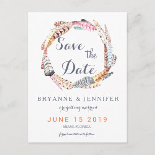 Watercolor Feathers Rustic Bohemian Save The Date Announcement Postcard