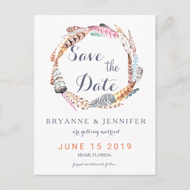 Watercolor Feathers Rustic Bohemian Save The Date Announcement Postcard (Front)