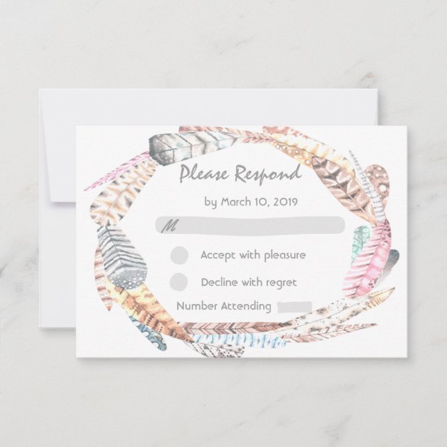 Watercolor Feathers Rustic Bohemian Wedding RSVP Card (Front)