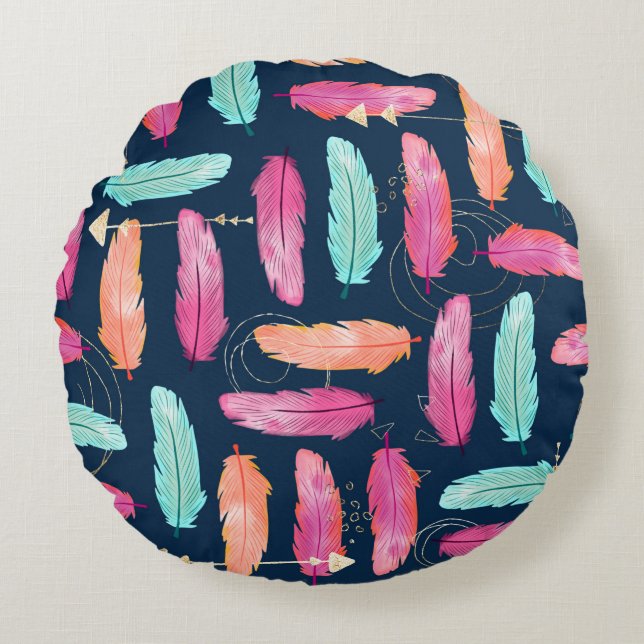 Watercolor feathers seamless boho pattern with fea round pillow (Front)
