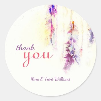 Watercolor Feathers Wedding Thank You Classic Round Sticker by BridalHeaven at Zazzle