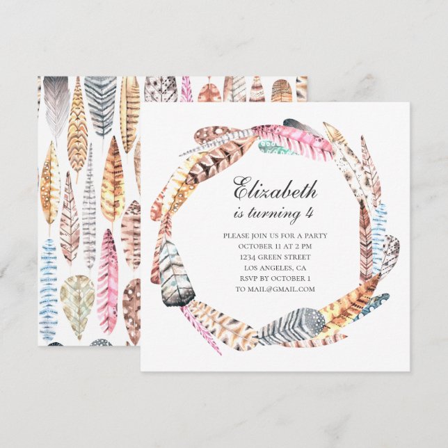 Watercolor feathers wreath. Boho birthday party Invitation (Front/Back)