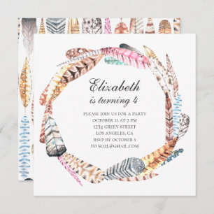 Watercolor feathers wreath. Boho birthday party Invitation