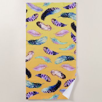 Watercolor Feathers Yellow Pattern Beach Towel by EveyArtStore at Zazzle