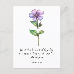 WATERCOLOR FEBRUARY VIOLET BIRTH FLOWER THANK YOU POSTCARD