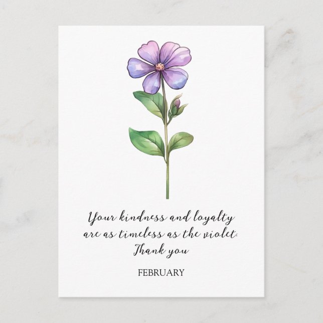 WATERCOLOR FEBRUARY VIOLET BIRTH FLOWER THANK YOU POSTCARD (Front)