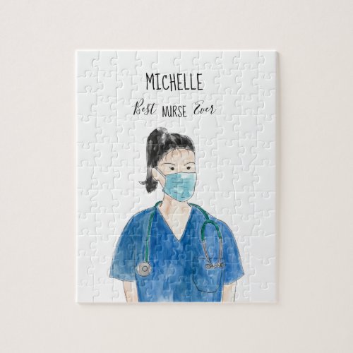 Watercolor Female Best Nurse Ever Face Mask Cute Jigsaw Puzzle