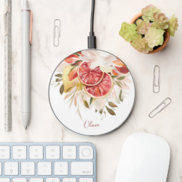 Watercolor Feminine Citrus Floral with Name Wireless Charger