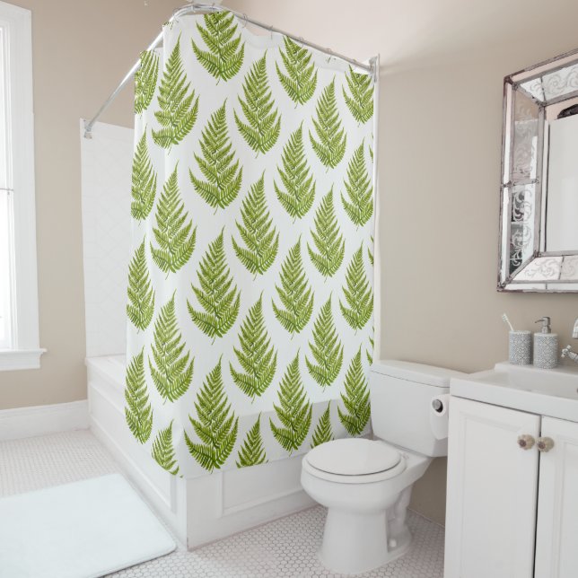 Watercolor fern pattern shower curtain (In Situ)