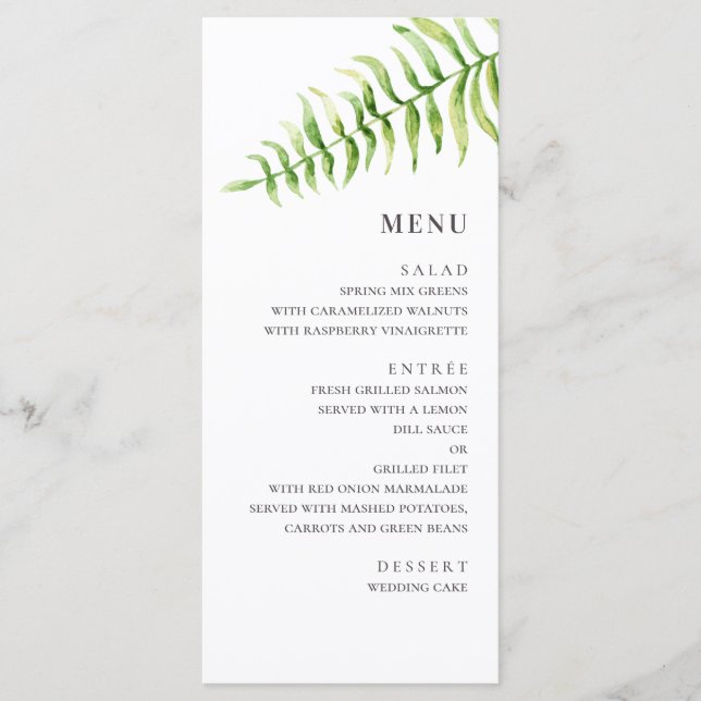 Watercolor fern wedding. Woodland greenery botanic Menu (Front)