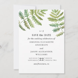 Watercolor fern. Woodland greenery foliage wedding Save The Date