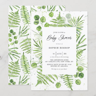 Watercolor Ferns and Eucalyptus Frame Baby Shower Invitation