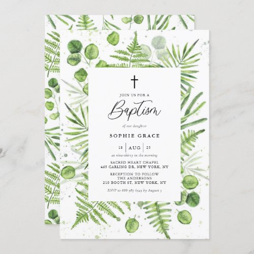 Watercolor Ferns and Eucalyptus Frame Baptism Invitation