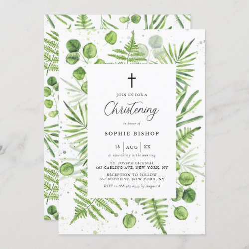 Watercolor Ferns and Eucalyptus Frame Christening Invitation