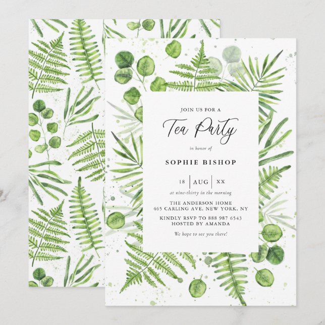 Watercolor Ferns and Eucalyptus Frame Tea Party Invitation (Front/Back)