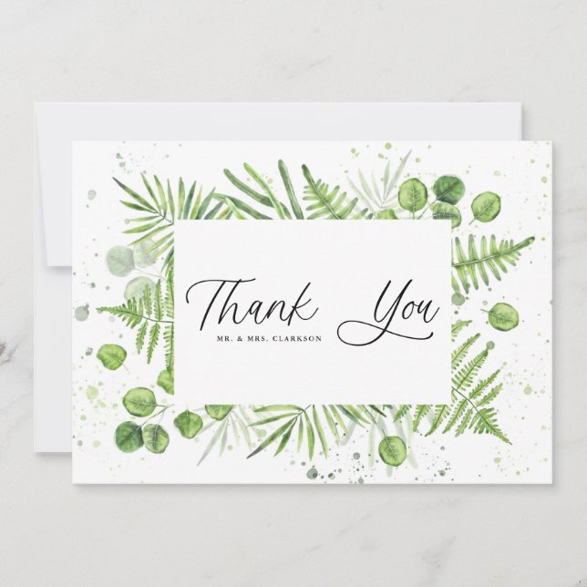 Watercolor Ferns and Eucalyptus Frame Wedding Thank You Card (Front)