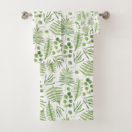 Watercolor Ferns and Eucalyptus Pattern Bath Towel Set