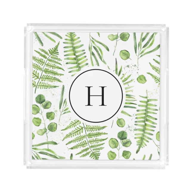 Watercolor Ferns and Eucalyptus Pattern Monogram Acrylic Tray (Front)