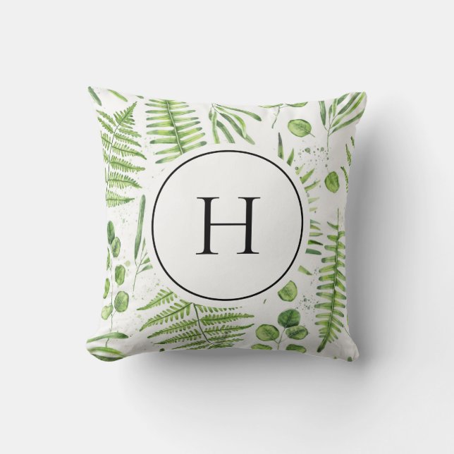 Watercolor Ferns and Eucalyptus Pattern Monogram Throw Pillow (Front)