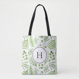 Watercolor Ferns and Eucalyptus Pattern Monogram Tote Bag