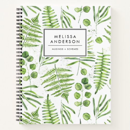 Watercolor Ferns and Eucalyptus Pattern Notebook