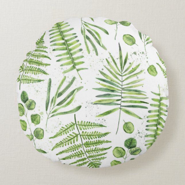 Watercolor Ferns and Eucalyptus Pattern Round Pillow (Front)