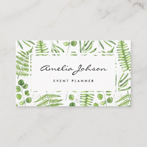 Watercolor Ferns and Eucalyptus Pattern Script Business Card