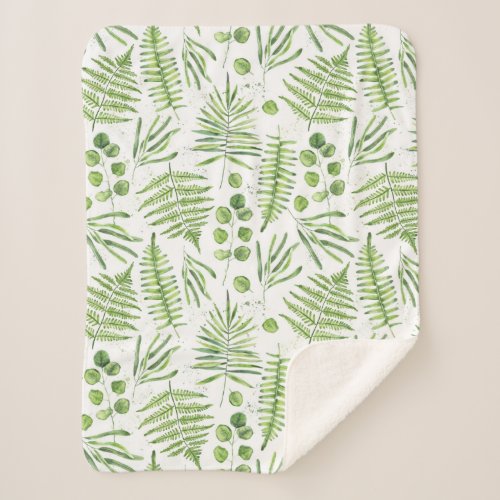 Watercolor Ferns and Eucalyptus Pattern Sherpa Blanket