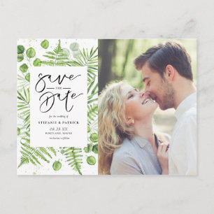 Watercolor Ferns & Eucalyptus Photo Save the Date Announcement Postcard