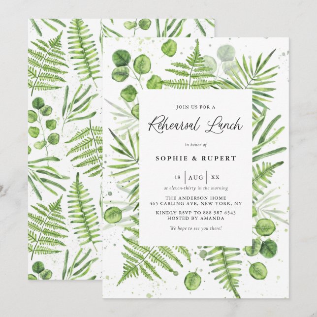 Watercolor Ferns & Eucalyptus Rehearsal Lunch Invitation (Front/Back)