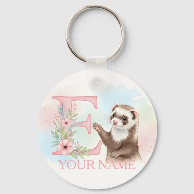 Watercolor Ferret with Floral Letter E Monogram Keychain (Front)
