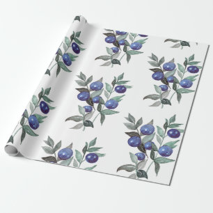 Watercolor Festive Christmas Blue Berries on White Wrapping Paper